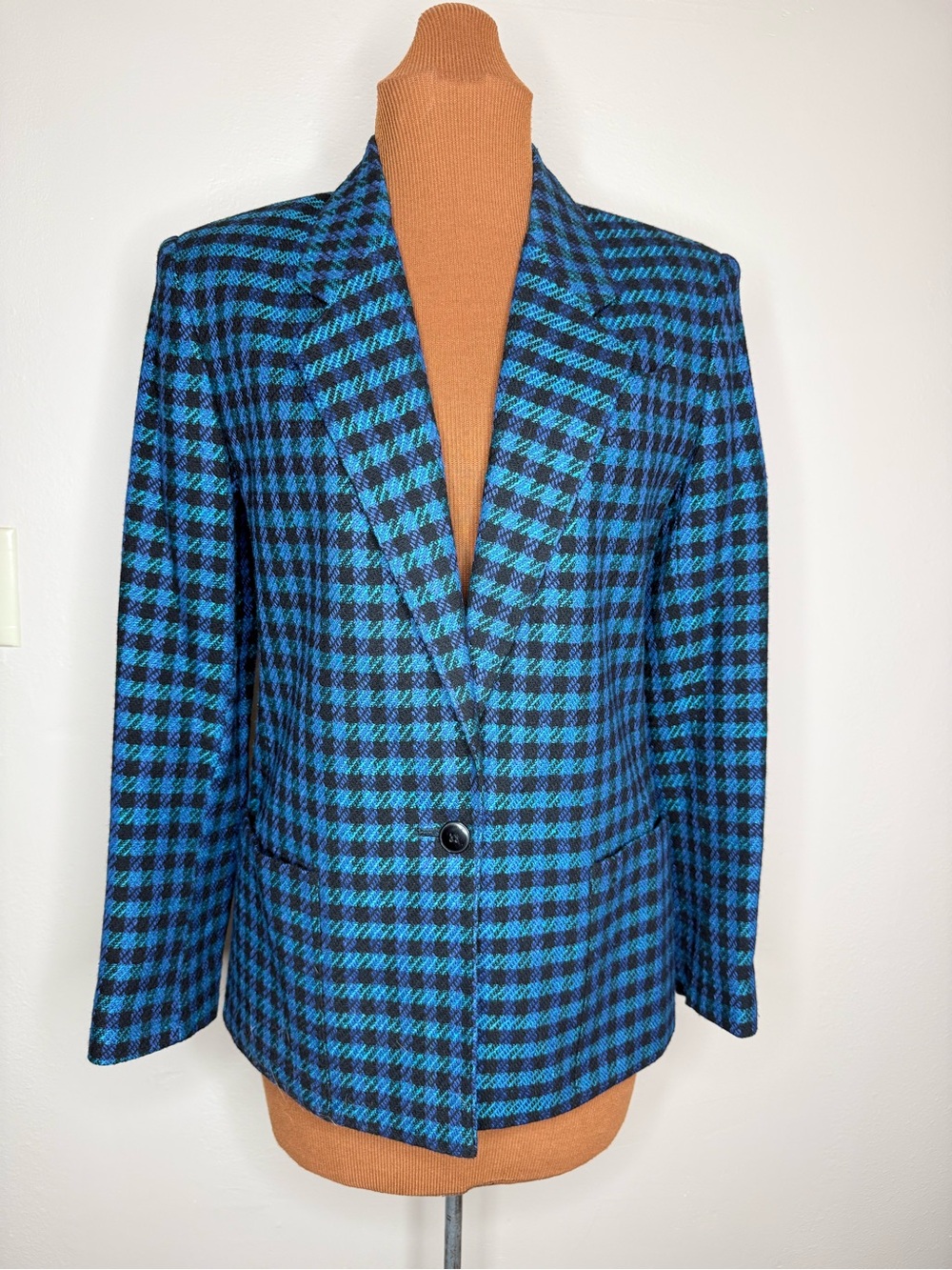 Jones New York Blue and Black Houndstooth Blazer Rayon/Wool/Silk Blend Size 4
